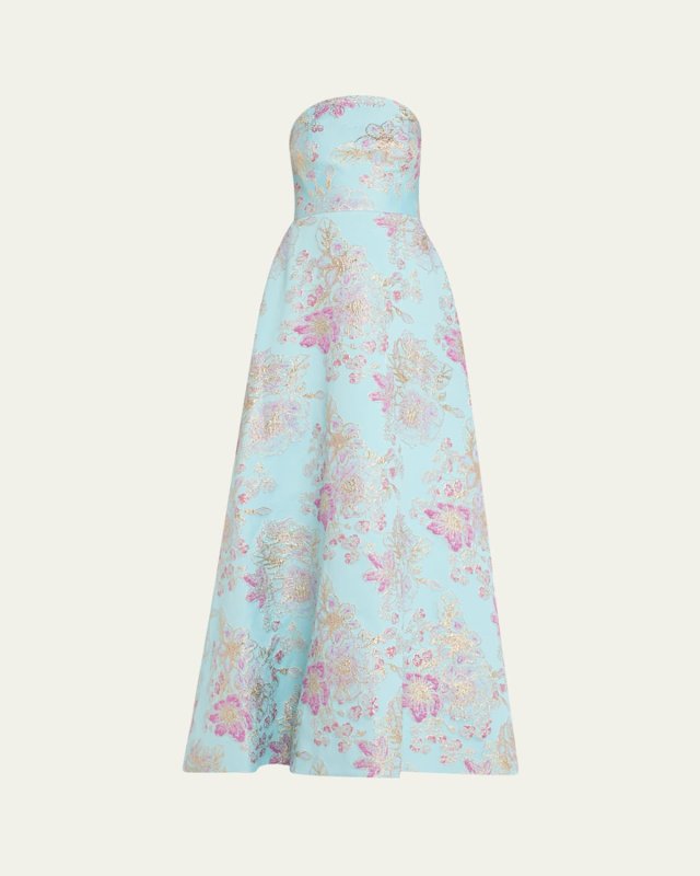 Strapless Metallic Floral Jacquard Gown